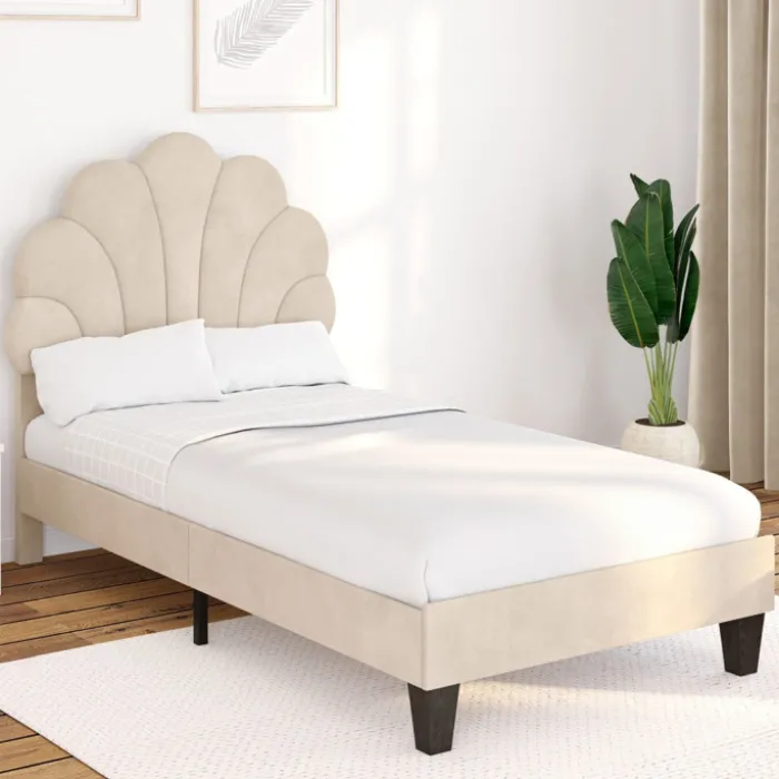 Lit simple coquillage 90 x 190 cm avec sommier velours beige