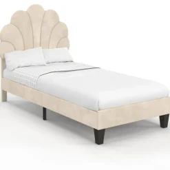 Lit simple coquillage 90 x 190 cm avec sommier velours beige