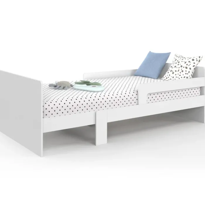 Lit simple évolutif 90 x 140/190 cm avec sommier et barrières bois blanc