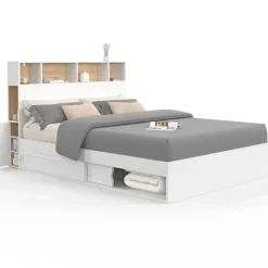 Lit 140x190 avec rangements blanc et hêtre et tête de lit
