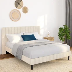 Lit 140x190 cm avec tête de lit et sommier en velours beige