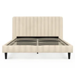 Lit 140x190 cm avec tête de lit et sommier en velours beige