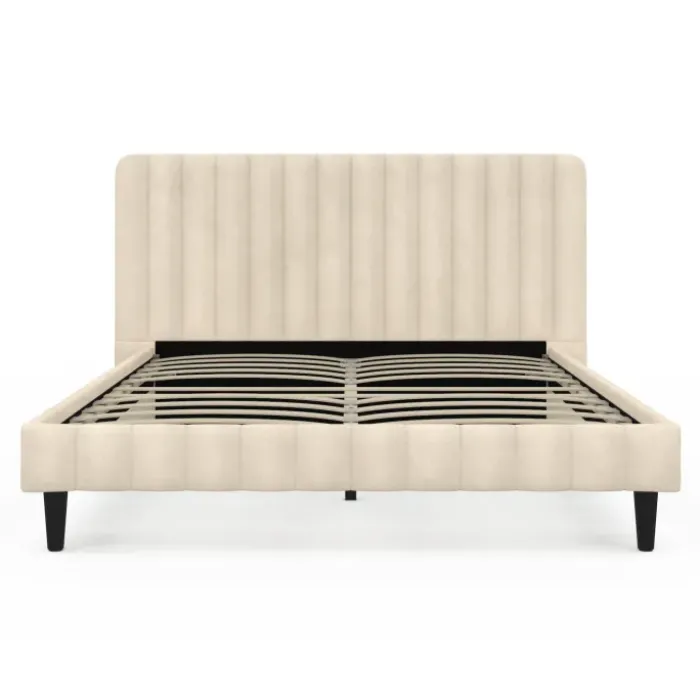 Lit 140x190 cm avec tête de lit et sommier en velours beige