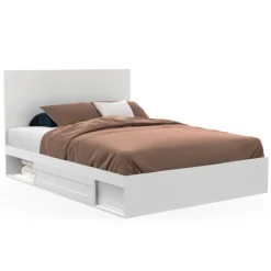 Lit 140x190 cm blanc avec rangements, tête de lit et sommier