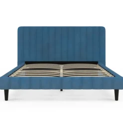 Lit 140x190 cm velours bleu avec tête de lit et sommier