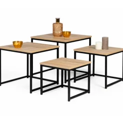Lot 4 tables basses gigognes bois métal industrielles 35/40/45/50 cm