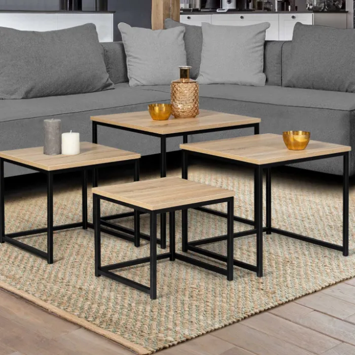 Lot 4 tables basses gigognes bois métal industrielles 35/40/45/50 cm