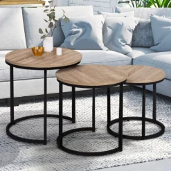 Lot 3 tables basses gigognes rondes bois métal industrielles 35/40/45 cm