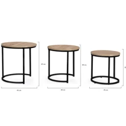 Lot 3 tables basses gigognes rondes bois métal industrielles 35/40/45 cm