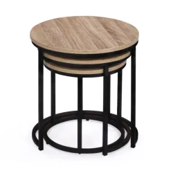 Lot 3 tables basses gigognes rondes bois métal industrielles 35/40/45 cm