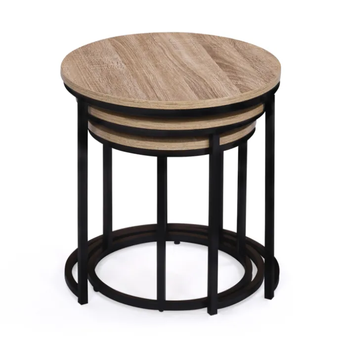 Lot 3 tables basses gigognes rondes bois métal industrielles 35/40/45 cm
