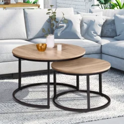 Lot 2 tables basses gigognes rondes bois métal industrielles