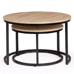 Lot 2 tables basses gigognes rondes bois métal industrielles