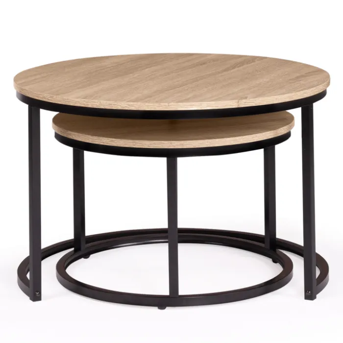 Lot 2 tables basses gigognes rondes bois métal industrielles