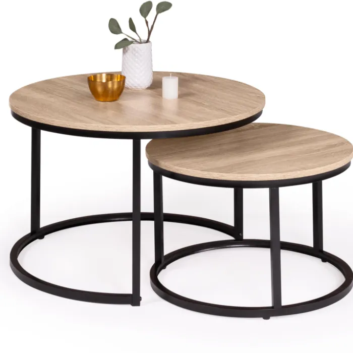 Lot 2 tables basses gigognes rondes bois métal industrielles