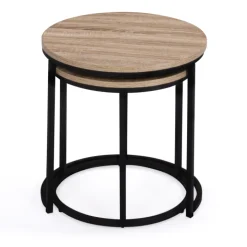 Lot 2 tables basses gigognes rondes bois métal industrielles 40/45 cm