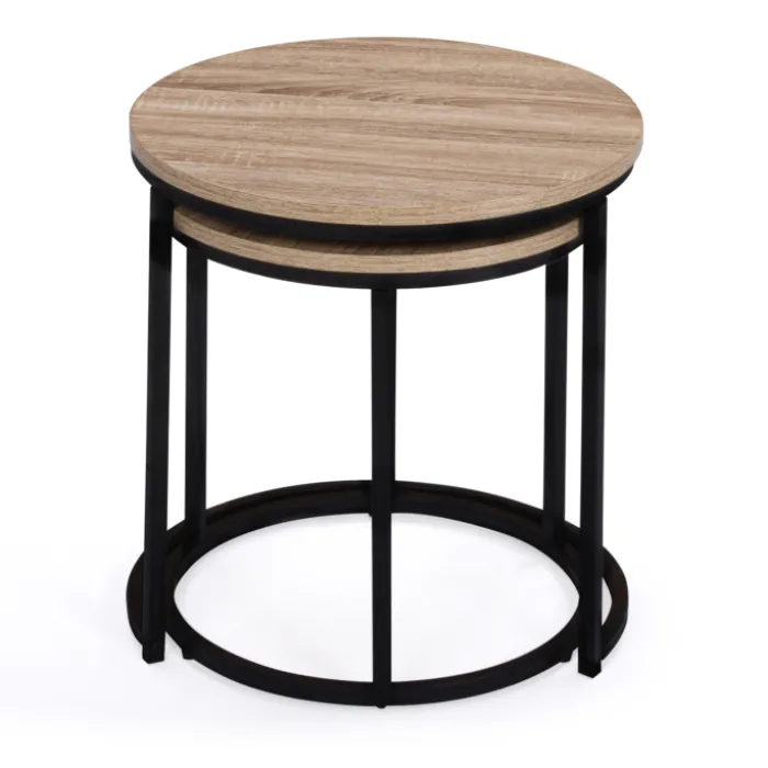 Lot 2 tables basses gigognes rondes bois métal industrielles 40/45 cm