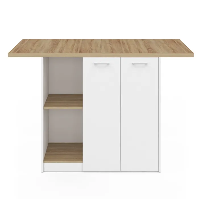 Îlot central bois blanc avec plan de travail façon hêtre 140 cm 4 personnes avec rangement