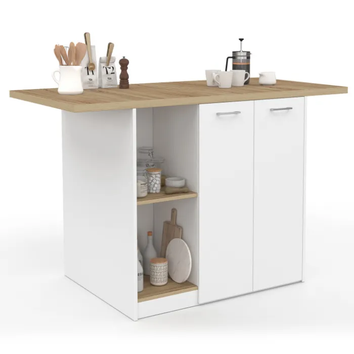 Îlot central bois blanc avec plan de travail façon hêtre 140 cm 4 personnes avec rangement