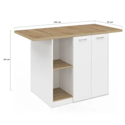 Îlot central bois blanc avec plan de travail façon hêtre 140 cm 4 personnes avec rangement