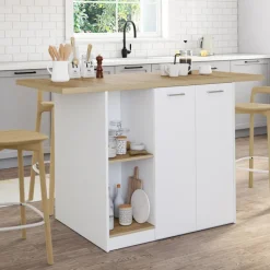 Îlot central bois blanc avec plan de travail façon hêtre 140 cm 4 personnes avec rangement