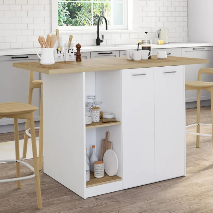 Îlot central bois blanc avec plan de travail façon hêtre 140 cm 4 personnes avec rangement
