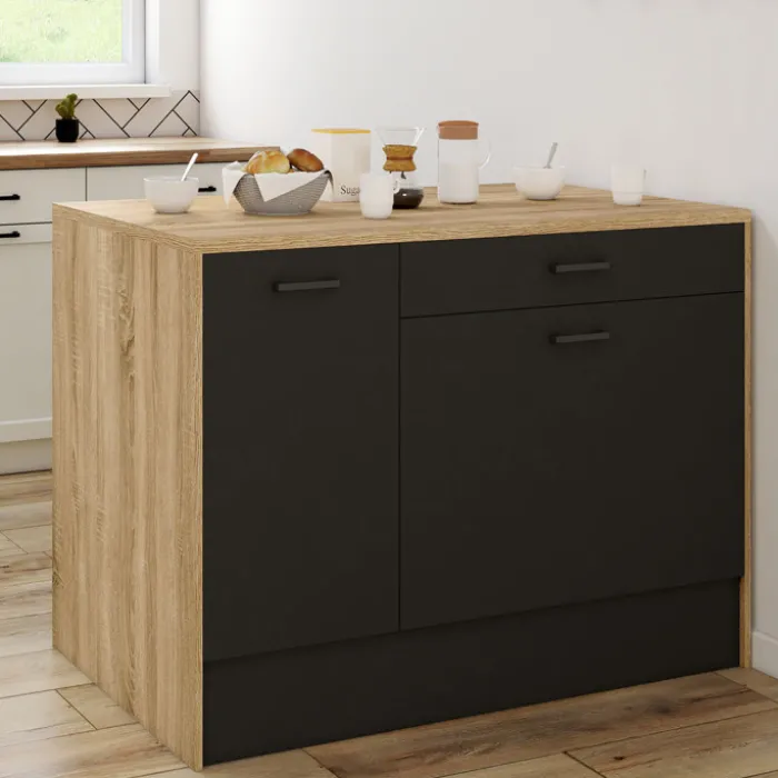 Îlot central bois et noir avec une grande capacité de rangement