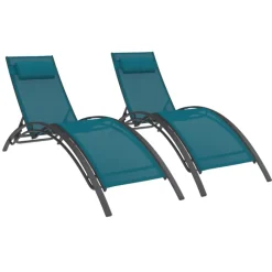 Lot de 2 bains de soleil inclinables avec coussin acier gris et toile bleu canard