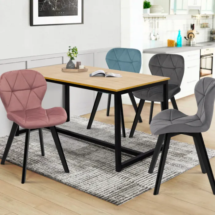 Lot de 4 chaises assises matelassées en velours bleu, gris et rose