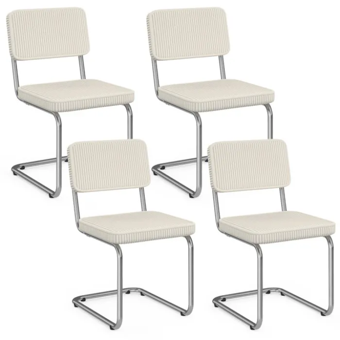 Lot de 4 chaises cantilever en velours côtelé beige et pied métal