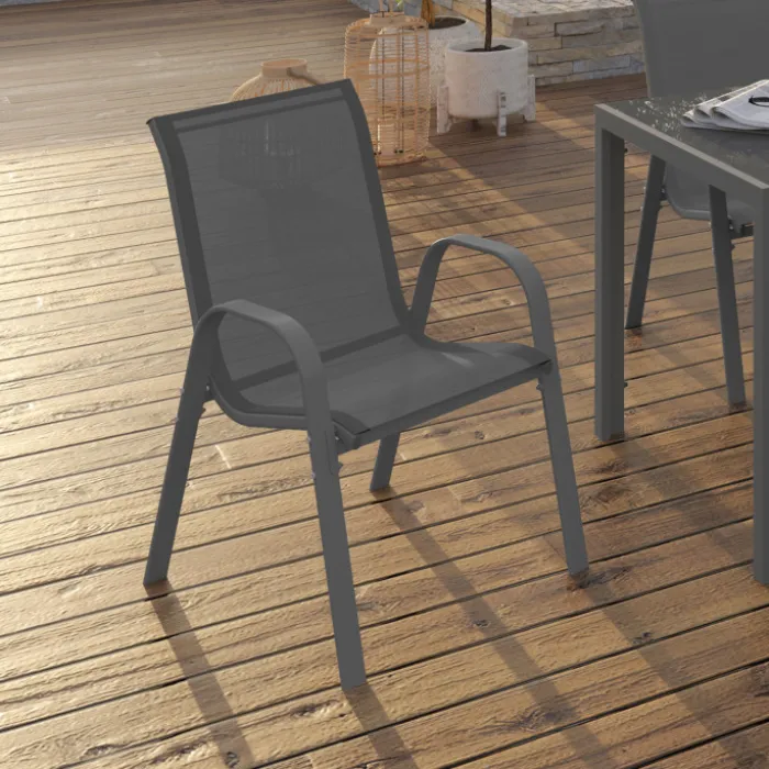 Lot de 6 chaises de jardin empilables en métal gris anthracite et textilène
