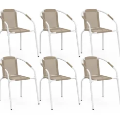 Lot de 6 chaises de jardin métal et textilène empilables blanc et beige
