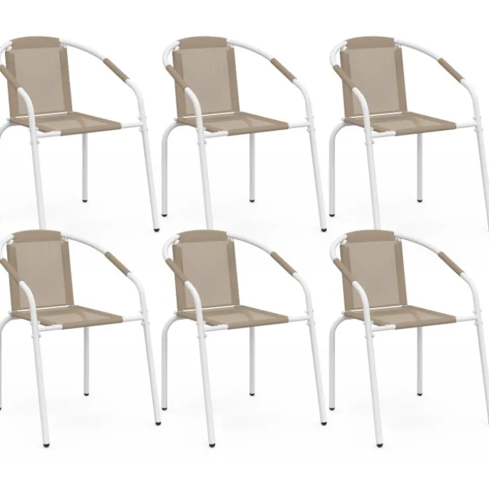 Lot de 6 chaises de jardin métal et textilène empilables blanc et beige