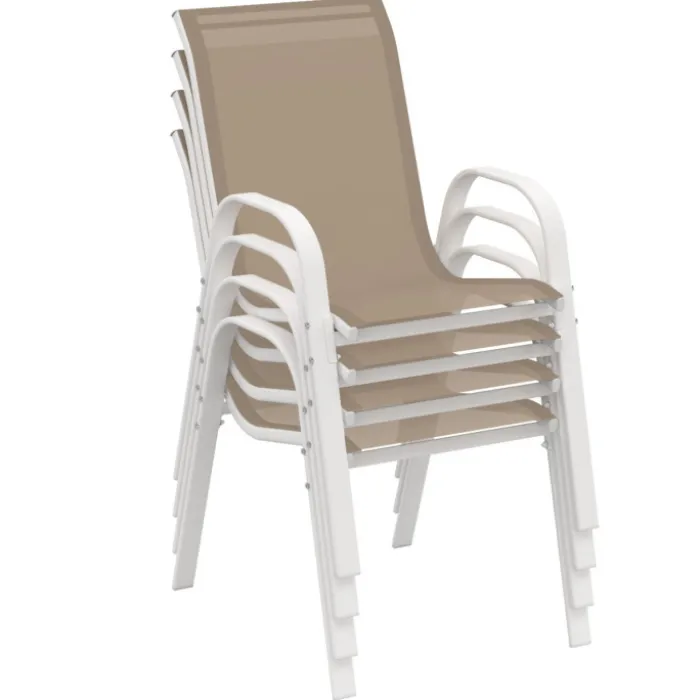 Lot de 4 chaises de jardin métal et textilène empilables blanc et beige