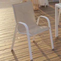 Lot de 4 chaises de jardin métal et textilène empilables blanc et beige