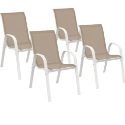 Lot de 4 chaises de jardin métal et textilène empilables blanc et beige
