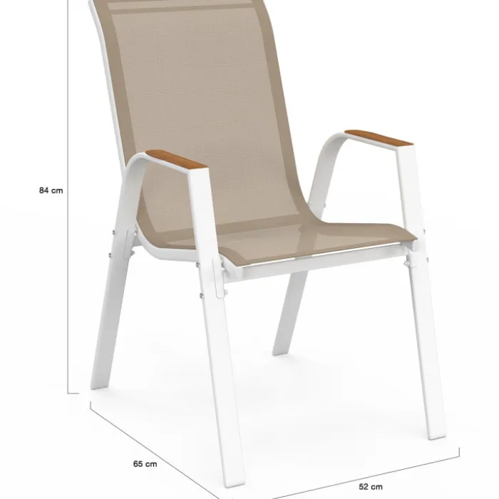 Lot de 6 chaises de jardin métal et textilène empilables blanc et bois
