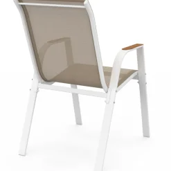 Lot de 6 chaises de jardin métal et textilène empilables blanc et bois