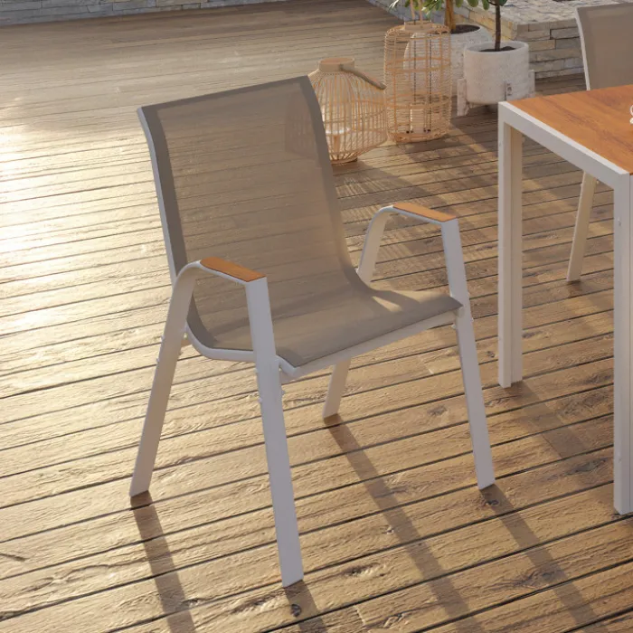 Lot de 6 chaises de jardin métal et textilène empilables blanc et bois
