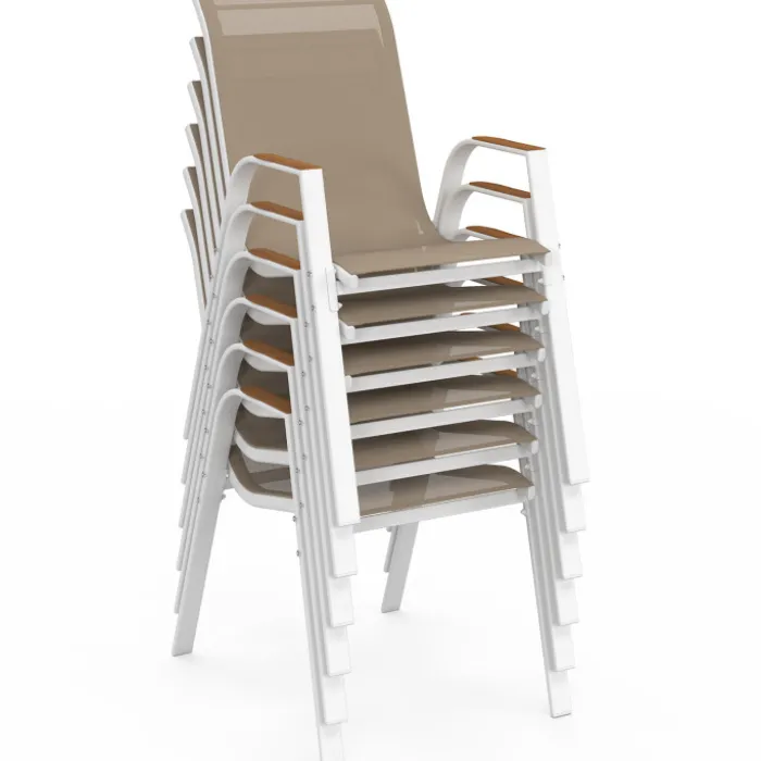 Lot de 6 chaises de jardin métal et textilène empilables blanc et bois