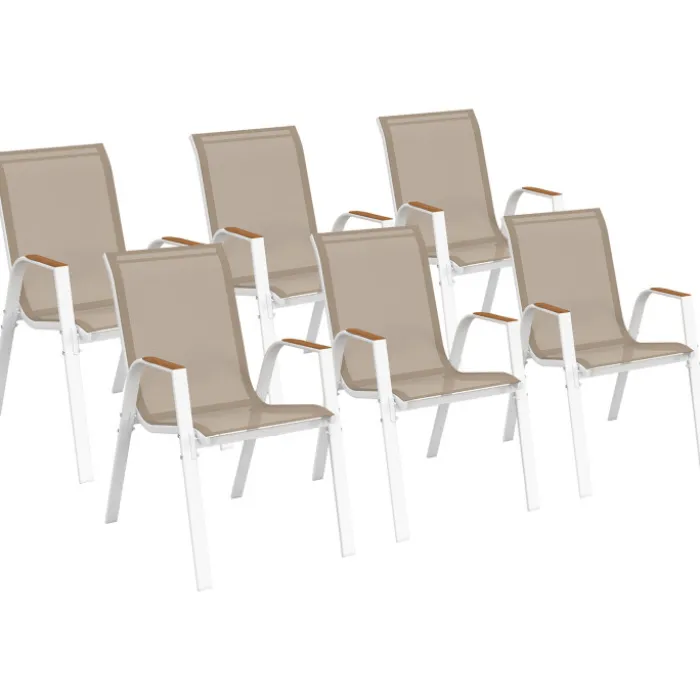Lot de 6 chaises de jardin métal et textilène empilables blanc et bois