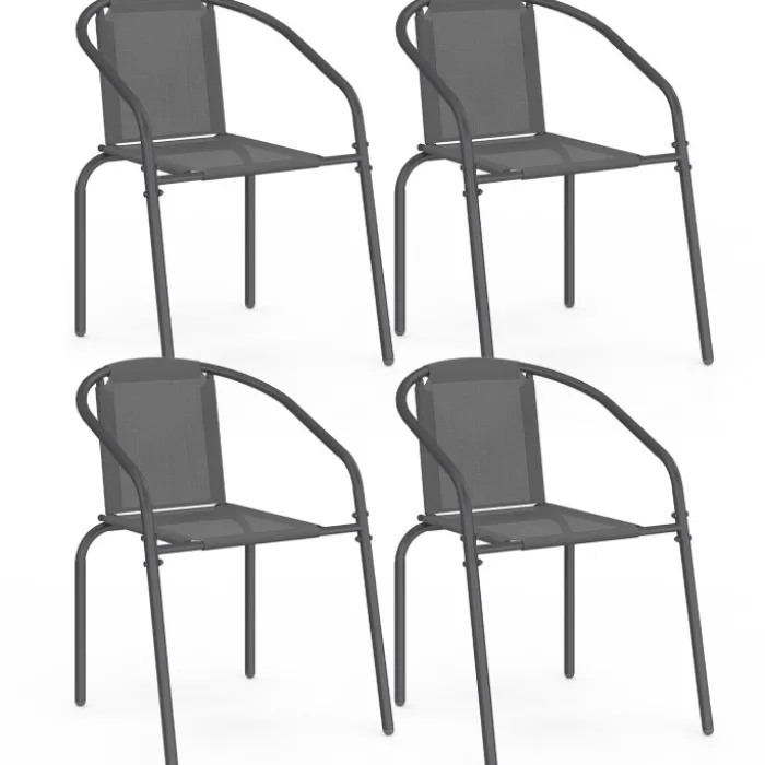 Lot de 4 chaises de jardin métal et textilène empilables gris anthracite