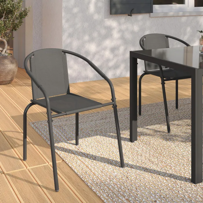 Lot de 4 chaises de jardin métal et textilène empilables gris anthracite