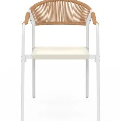 Lot de 6 chaises de jardin métal blanc cordage et textilène beige et rotin clair