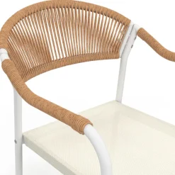 Lot de 6 chaises de jardin métal blanc cordage et textilène beige et rotin clair