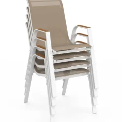 Lot de 4 chaises de jardin métal et textilène empilables blanc et bois