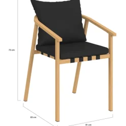 Lot de 4 chaises de jardin structure en métal effet bois, lanières et coussins noirs