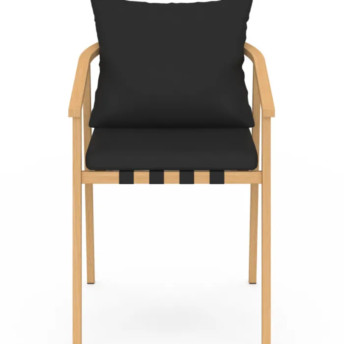 Lot de 4 chaises de jardin structure en métal effet bois, lanières et coussins noirs