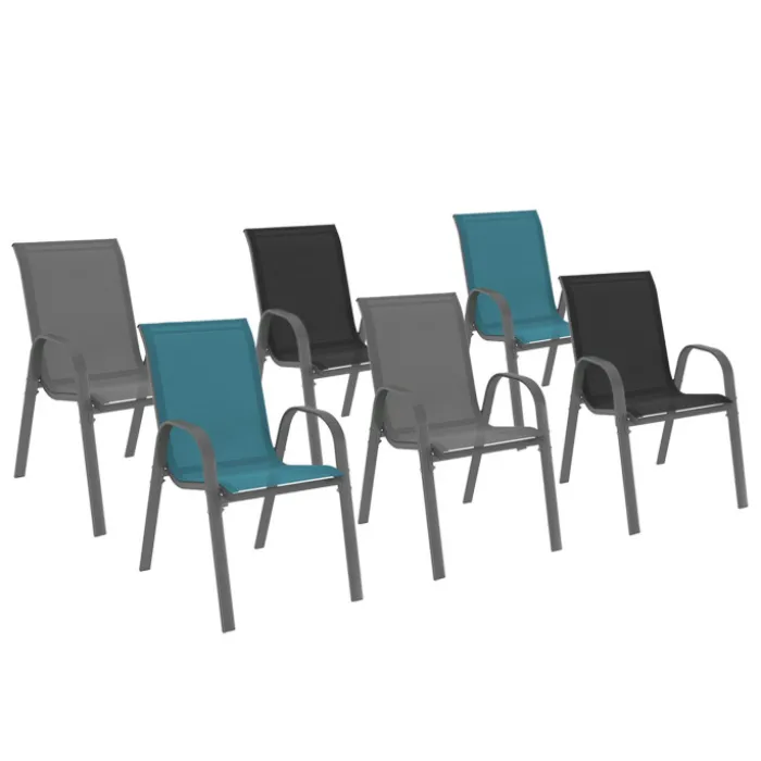 Lot de 6 chaises de jardin empilables en métal gris, noir et bleu et textilène