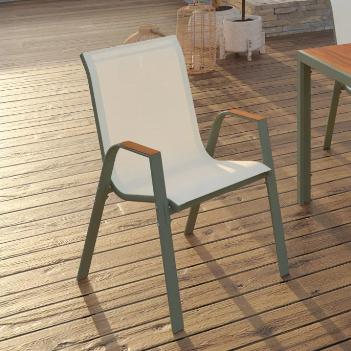 Lot de 6 chaises de jardin métal et textilène empilables vert et bois